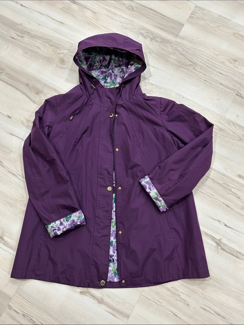 Susan Graver Purple Hooded Trench Coat with Floral Lining